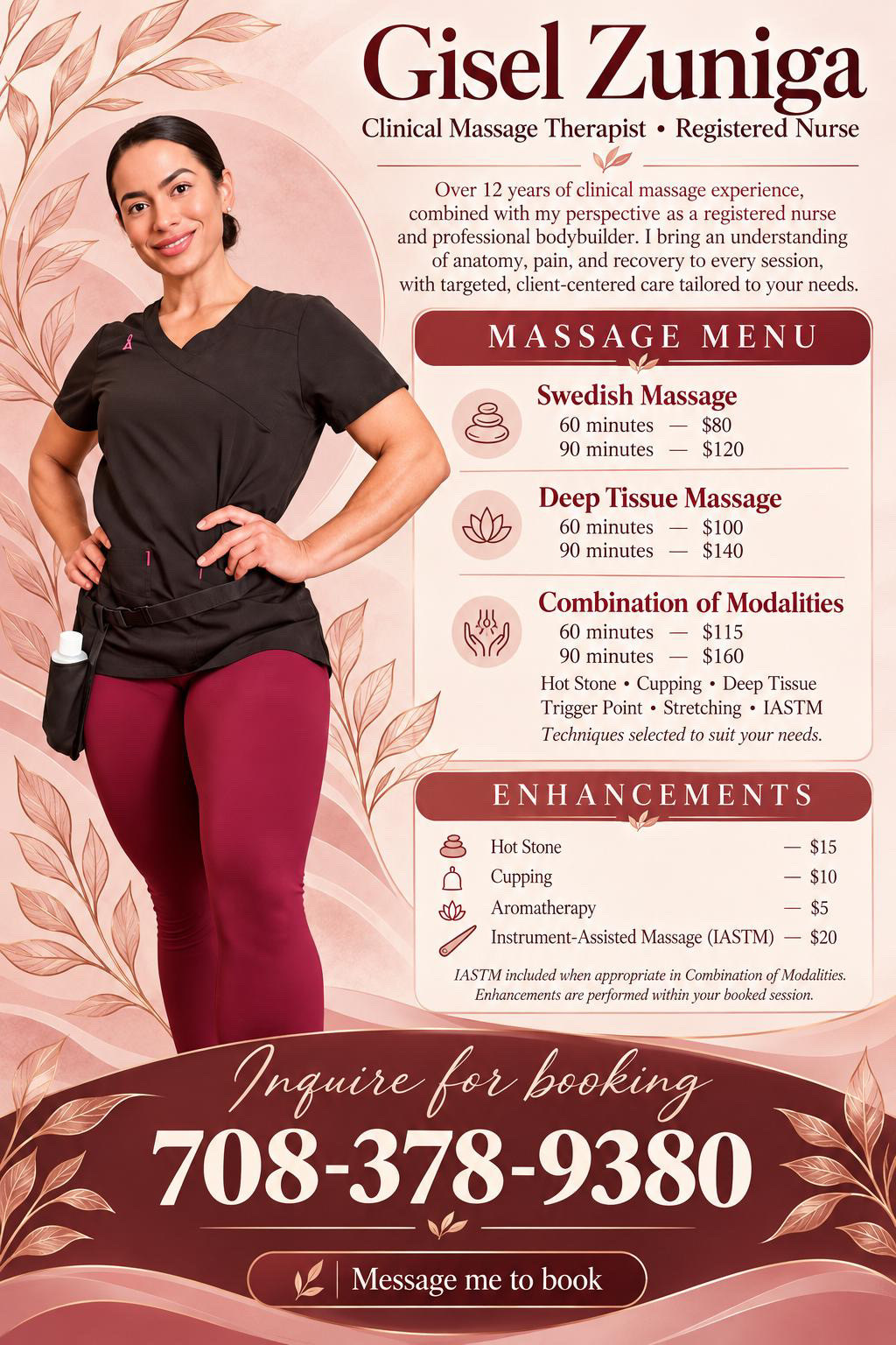 Gisel Zuniga, Clinical Massage Therapist and Registered Nurse. Massage services, pricing, and booking information. A text version of the menu is available below.